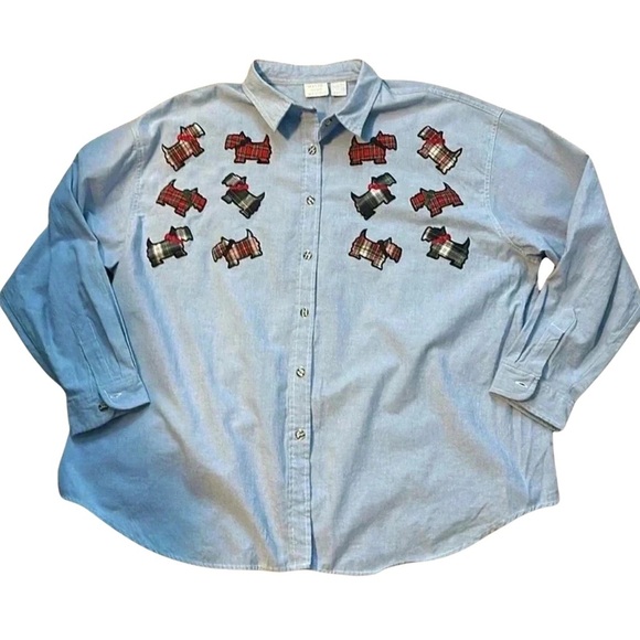 Vintage Mystic Blues Blue Long Sleeve Button Up Plaid Dog Design Women’s SZ 24 - Picture 1 of 7